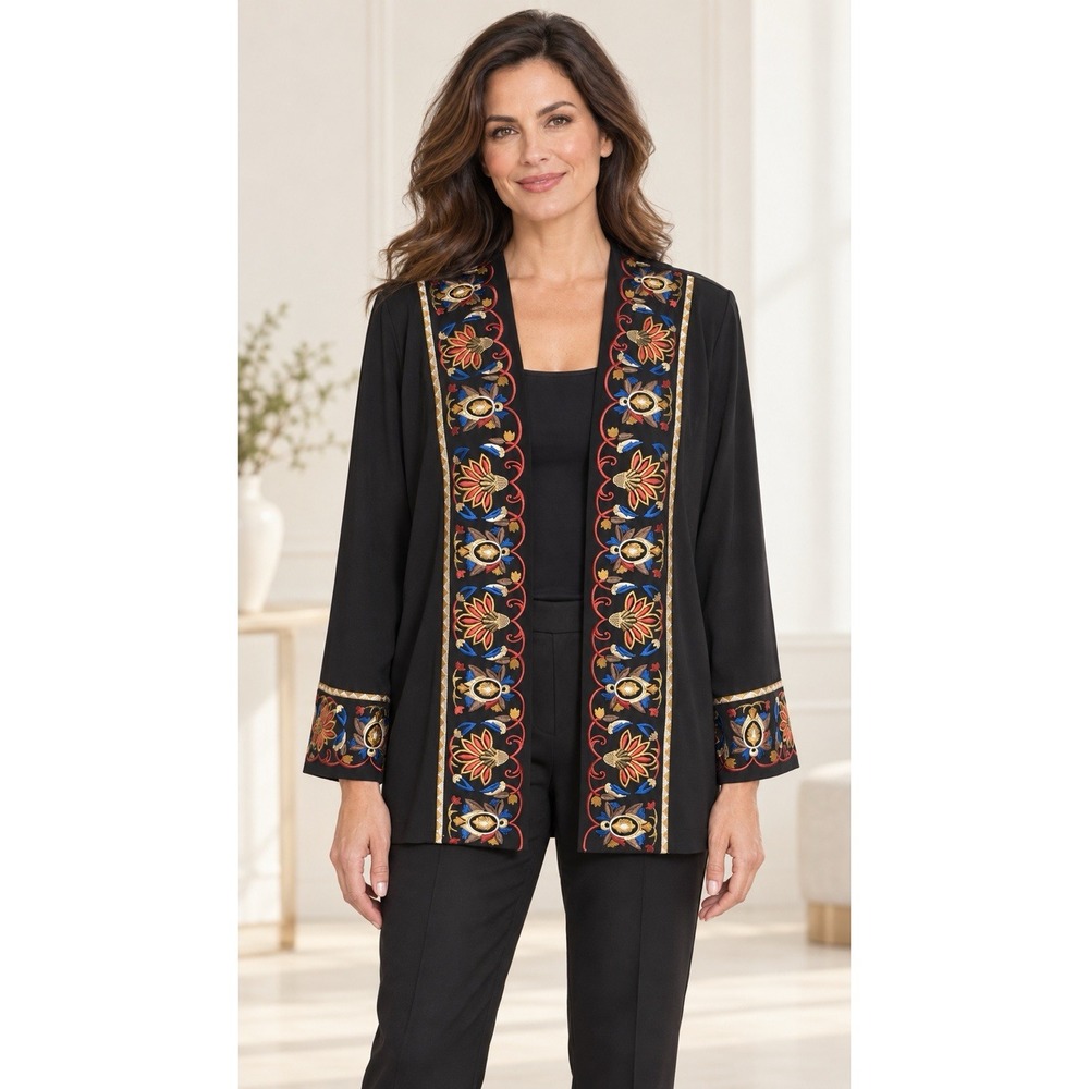 Bob Mackie Wearable Art Black Floral Embroidered Open Front Topper Cardi M NWT